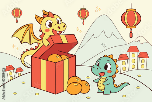 Two cartoon dragons celebrating with a gift box and oranges under red lanterns and stylized mountains