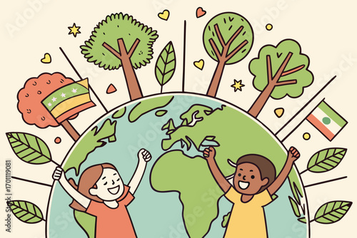Diverse children celebrating on a stylized planet earth with trees and flags globe kids