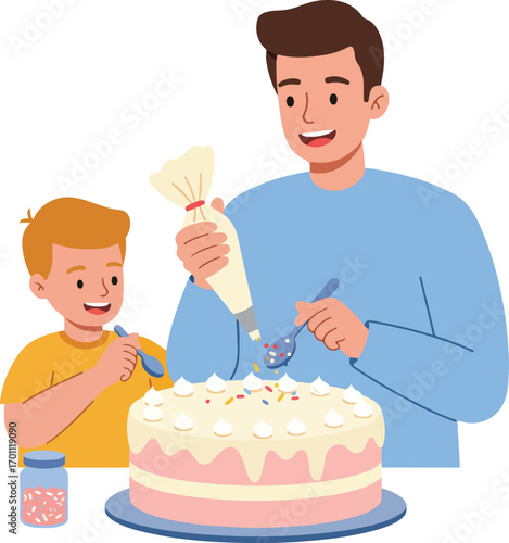 Father and son decorating cake with sprinkles. Suitable for familyrelated designs, baking tutorials, and fathers day concepts.
