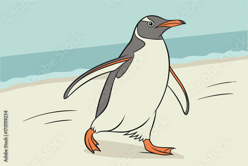 Cartoon gentoo penguin walking on a sandy beach with blue ocean background vector