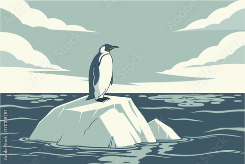 Single emperor penguin standing on an iceberg in calm blue water with a cloudy sky vector