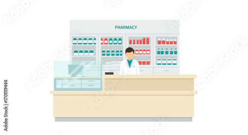Pharmacist at Pharmacy Counter with Shelves of Medicine Bottles.