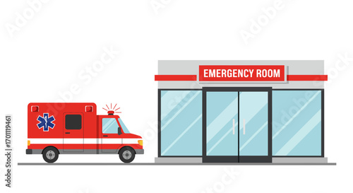 Red Ambulance Vehicle at Emergency Room Entrance Illustration.