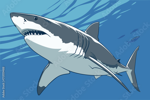 Great White Shark Swimming in Blue Ocean Water with Fish underwater