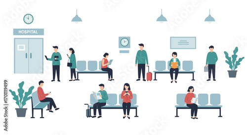 Waiting Room Scene with People at Hospital Flat Vector Illustration.