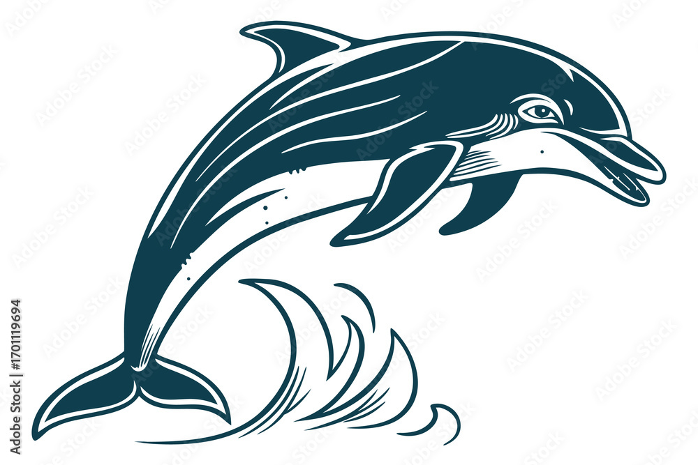 Fototapeta premium Stylized dark teal dolphin leaping over stylized waves on white background jumping water