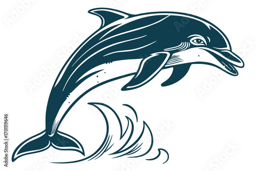 Stylized dark teal dolphin leaping over stylized waves jumping ocean