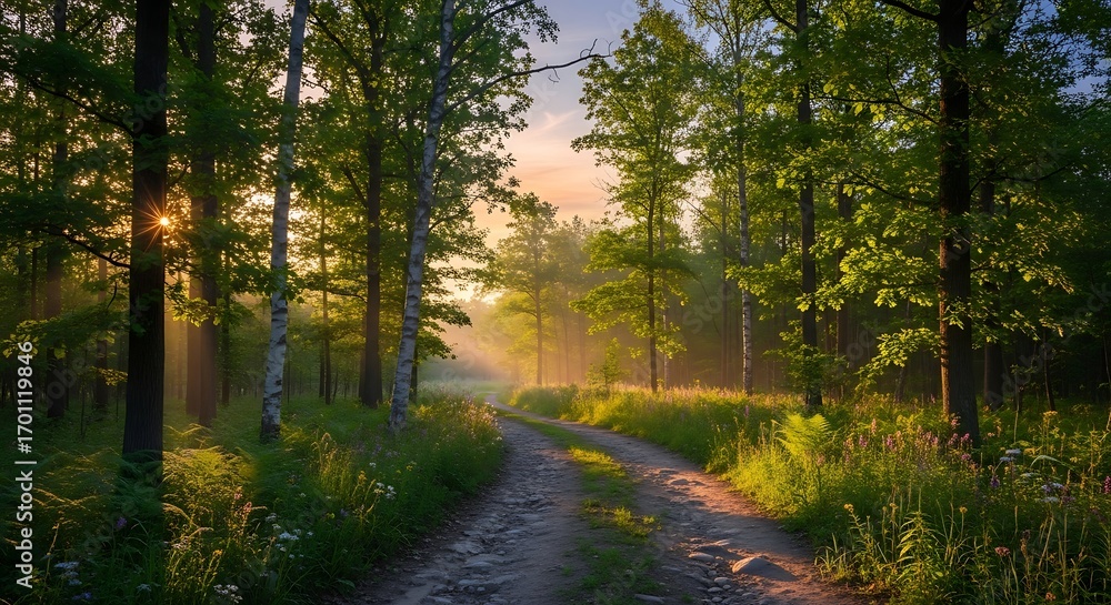 Obraz premium Serene Woodland Path with Morning Sunbeams.