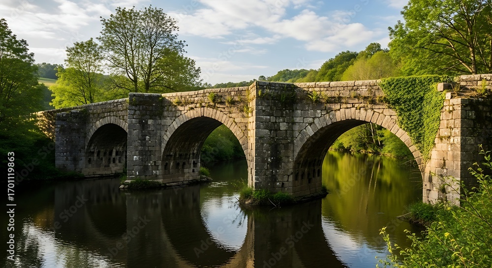 Fototapeta premium Stone Bridge Over Calm River.