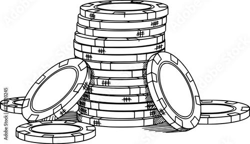 silhouette vector of Detailed Illustration of Gambling Chips Stacked with Hand-Drawn
 isolated on white background svg png