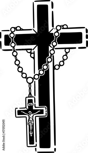 silhouette vector of cross with rosary in graffiti stencil with simple paint dripping
 isolated on white background svg png