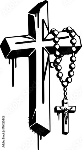 silhouette vector of cross with rosary in graffiti stencil with simple paint dripping
 isolated on white background svg png