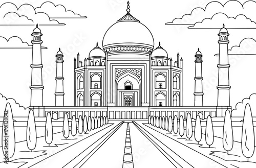 hand drawn vector doodle illustration of taj mahal india coloring page for kids line art