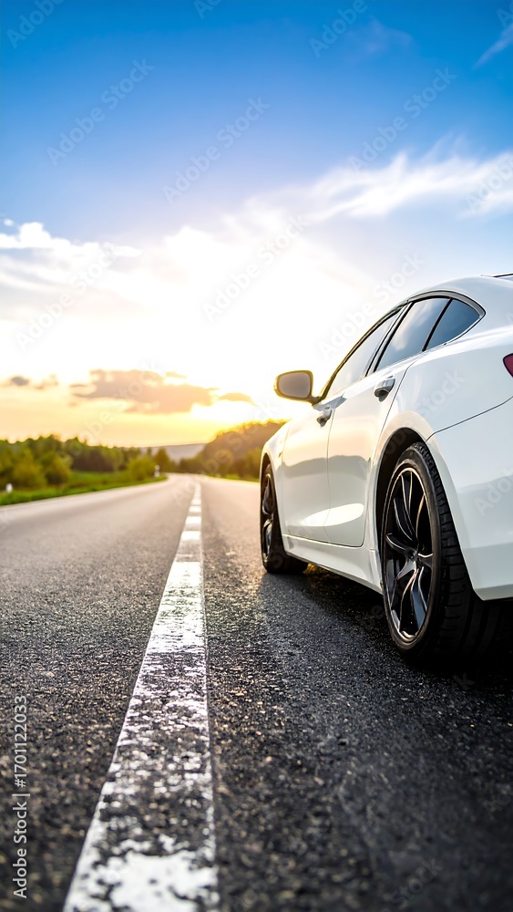 Fototapeta premium White car on a road at sunset