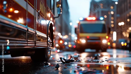 Firetruck and ambulance responding to emergency in rainy city