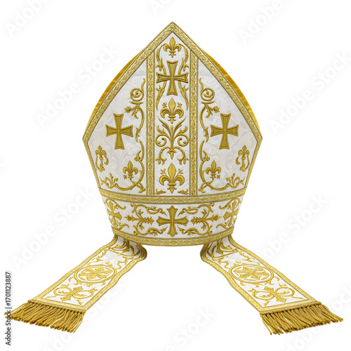 A white mitre ornately decorated with gold crosses fleurdelis and tassels on white or transparent background