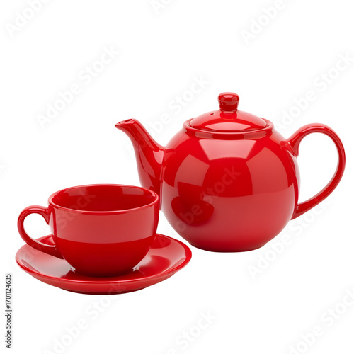 Glossy red teapot cup on white or transparent background