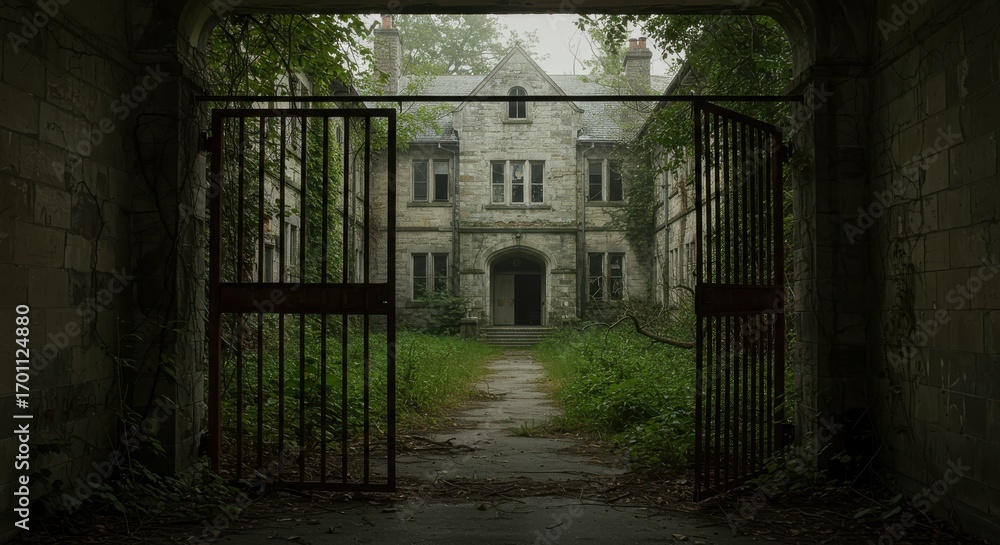 Obraz premium An overgrown courtyard, enclosed by weathered gates, leads to a decaying stone house.