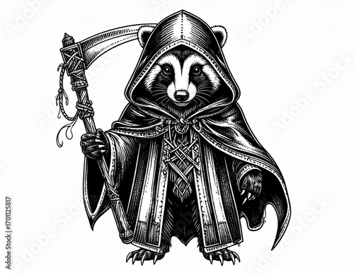 Monochromatic Badger in Cloak Holding Scythe Illustration on White Background