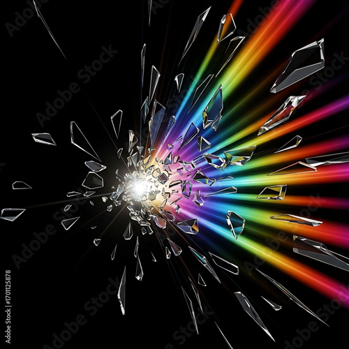 A dramatic explosion of shattered glass shards radiating outward from a bright central impact point abstract vector background art