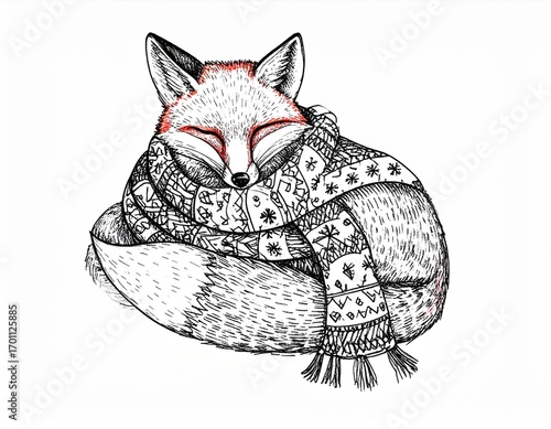 Stylized Fox Snuggling in a Floral Scarf on a White Background Illustration