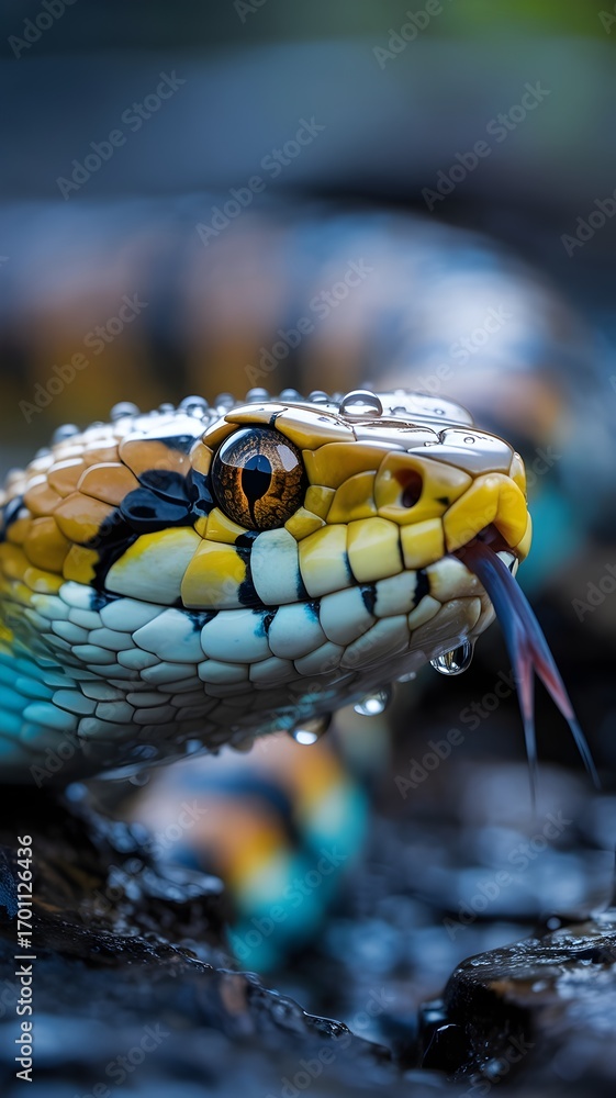 Fototapeta premium Close-up macro shot of a colorful snake with sharp eyes and tongue out, captured in vivid detail and natural lighting. Perfect for wildlife photography, reptile illustrations, and educational content.