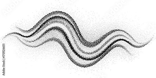Abstract stipple wave flow in light grain texture and digital spray. Gradation of particles in monochrome background. Vector.	