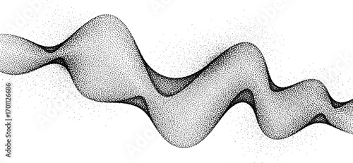 Abstract stipple wave flow in light grain texture and digital spray. Gradation of particles in monochrome background. Vector.	