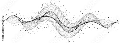 Abstract stipple wave flow in light grain texture and digital spray. Gradation of particles in monochrome background. Vector.	