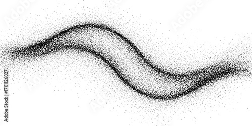 Abstract stipple wave flow in light grain texture and digital spray. Gradation of particles in monochrome background. Vector.	