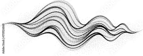 Abstract stipple wave flow in light grain texture and digital spray. Gradation of particles in monochrome background. Vector.	