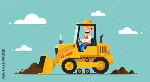 A joyful construction worker in a yellow bulldozer with a cup of coffee
