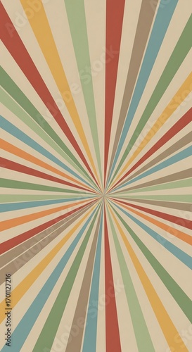 A retro-styled sunburst design featuring muted pastel and earth tones radiating outwards from a central point. The background is a light beige.