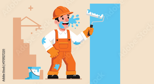 Painter getting splattered with blue paint while working