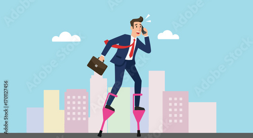 Businessman on stilts talking on the phone in front of buildings