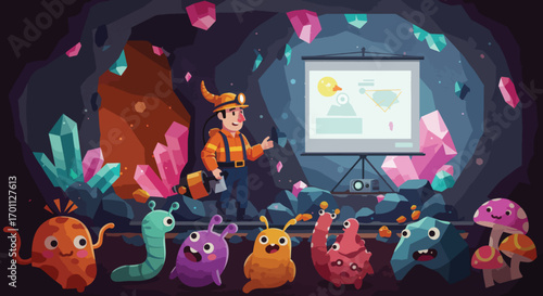 Miner presenting to monsters in a crystalfilled cave