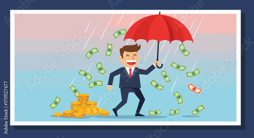 Man with umbrella catches falling money and coins