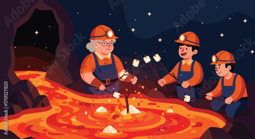 People roasting marshmallows over a lava flow in a cave