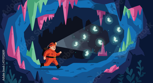 Miner in cave illuminated by glowinthedark butterflies