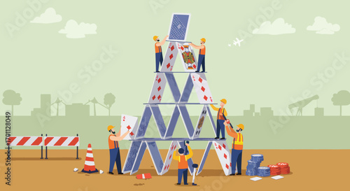 Construction workers build a house of cards with a cityscape and oil rig in the background