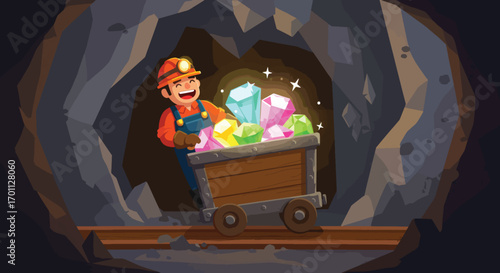 Miner pushing cart full of gems in a cave
