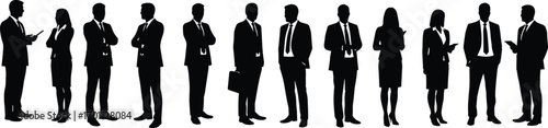 Business professionals silhouettes standing and interacting in formal suits and dresses, holding briefcases and digital devices, corporate teamwork concept