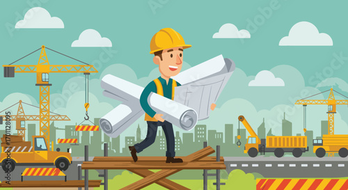 Construction worker with blueprints at a busy construction site