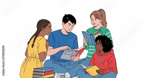 Diverse Group of Students Engaging in Collaborative Reading and Discussion, Ideal for Educational Materials and Promoting Literacy Programs.