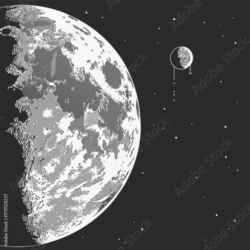 A captivating illustration of the moon and stars in a monochrome color scheme