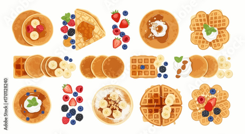 Delicious Assortment of Pancakes and Waffles Topped with Fresh Fruits and Cream, Perfect for Breakfast Menu Design and Culinary Illustration Projects.