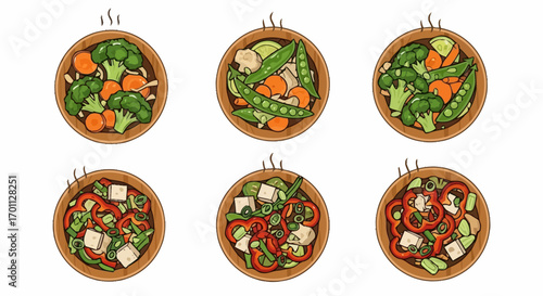 Colorful Vegetable Stir-Fry Illustrations in Wooden Bowls for Healthy Eating and Vegetarian Recipe Promotion, Ideal for Nutrition Guides and Culinary Education