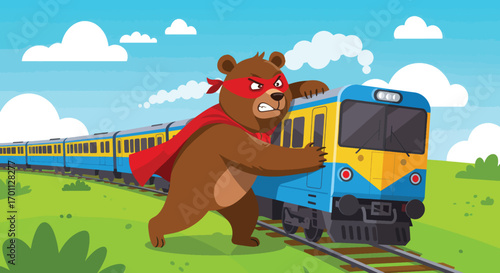 Superbear stops an oncoming train on railroad tracks