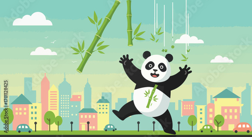 A joyful panda catches falling bamboo in a city landscape