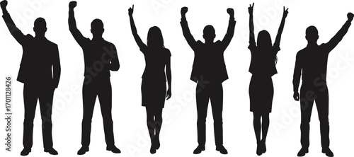 Businesspeople silhouettes raising fists and making peace signs, celebrating success, teamwork, motivation, empowerment, leadership, and achievement in corporate environment